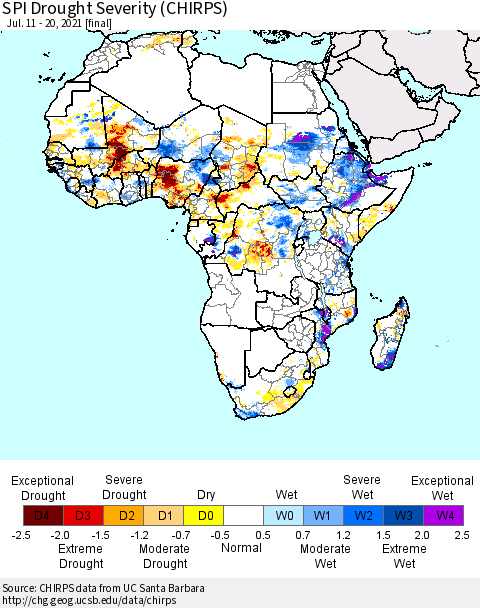 Africa SPI Drought Severity (CHIRPS) Thematic Map For 7/11/2021 - 7/20/2021