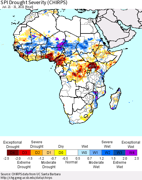 Africa SPI Drought Severity (CHIRPS) Thematic Map For 7/21/2021 - 7/31/2021