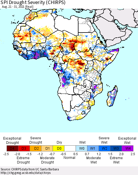 Africa SPI Drought Severity (CHIRPS) Thematic Map For 8/21/2021 - 8/31/2021