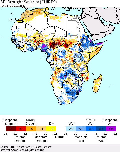 Africa SPI Drought Severity (CHIRPS) Thematic Map For 10/1/2021 - 10/10/2021