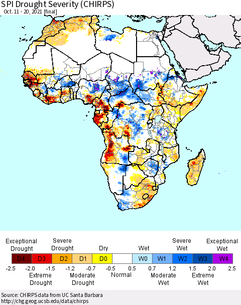 Africa SPI Drought Severity (CHIRPS) Thematic Map For 10/11/2021 - 10/20/2021
