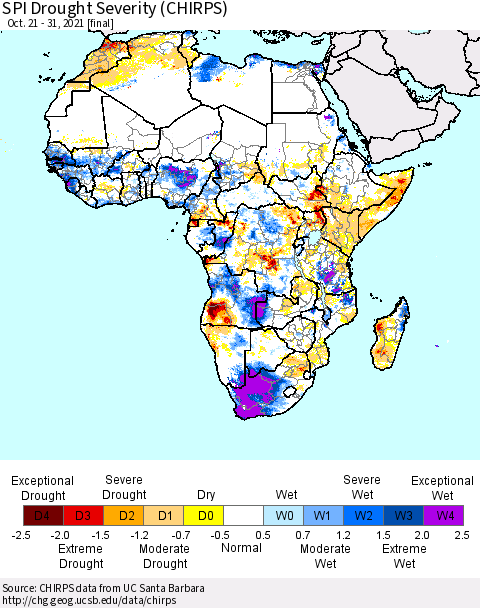 Africa SPI Drought Severity (CHIRPS) Thematic Map For 10/21/2021 - 10/31/2021