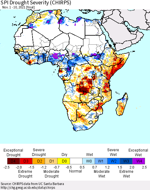 Africa SPI Drought Severity (CHIRPS) Thematic Map For 11/1/2021 - 11/10/2021