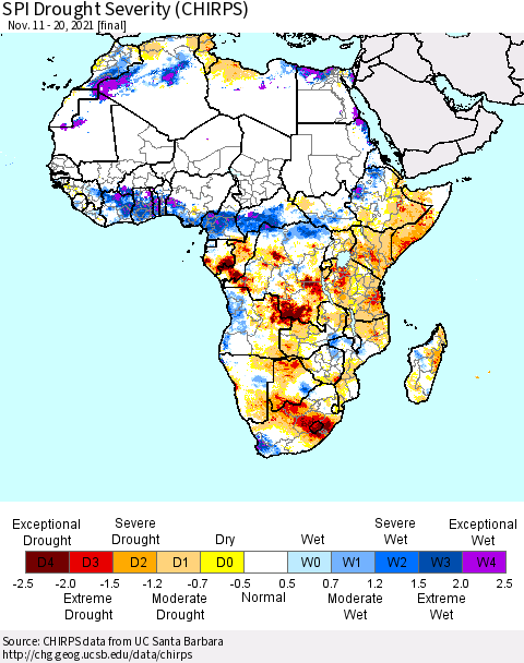 Africa SPI Drought Severity (CHIRPS) Thematic Map For 11/11/2021 - 11/20/2021