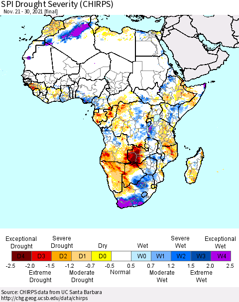 Africa SPI Drought Severity (CHIRPS) Thematic Map For 11/21/2021 - 11/30/2021