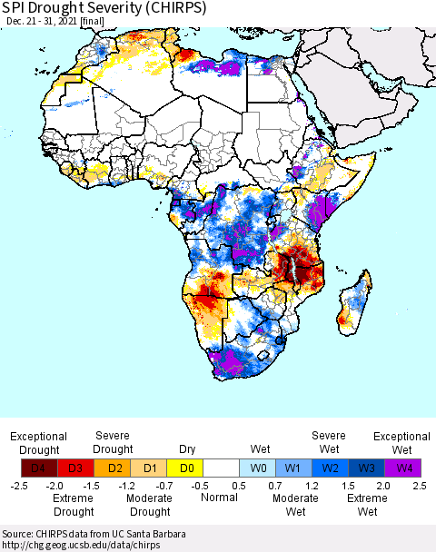 Africa SPI Drought Severity (CHIRPS) Thematic Map For 12/21/2021 - 12/31/2021
