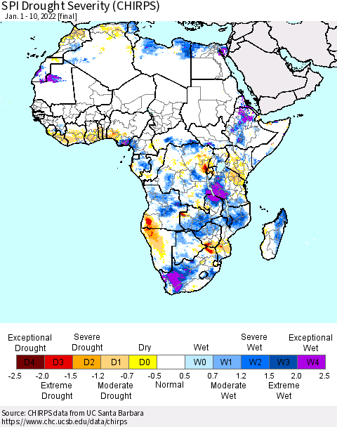 Africa SPI Drought Severity (CHIRPS) Thematic Map For 1/1/2022 - 1/10/2022