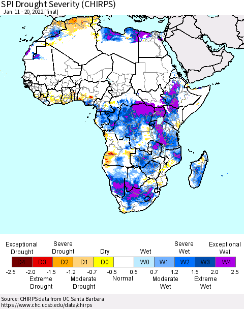 Africa SPI Drought Severity (CHIRPS) Thematic Map For 1/11/2022 - 1/20/2022