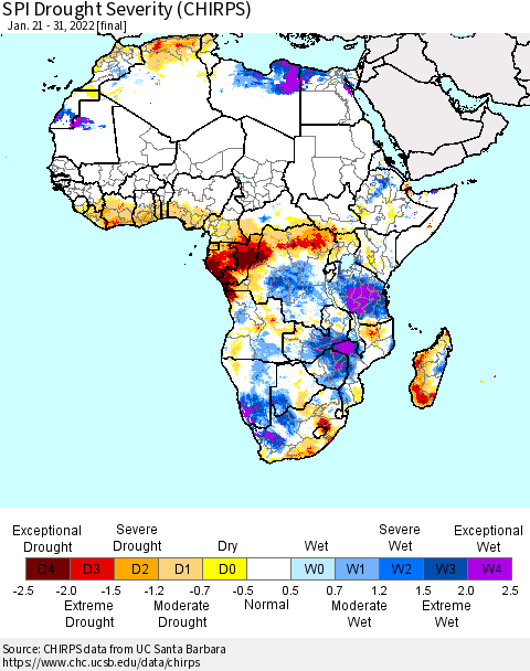 Africa SPI Drought Severity (CHIRPS) Thematic Map For 1/21/2022 - 1/31/2022