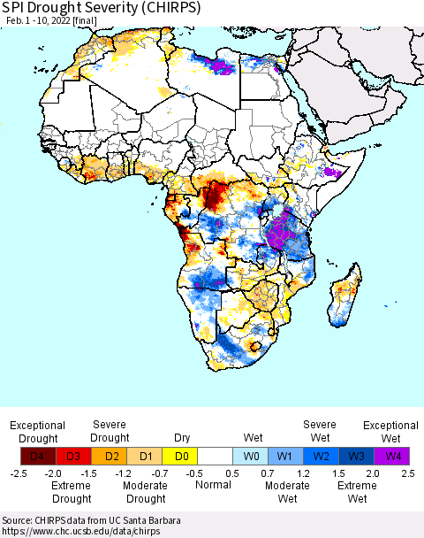 Africa SPI Drought Severity (CHIRPS) Thematic Map For 2/1/2022 - 2/10/2022