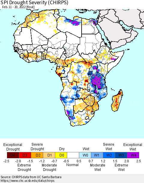 Africa SPI Drought Severity (CHIRPS) Thematic Map For 2/11/2022 - 2/20/2022