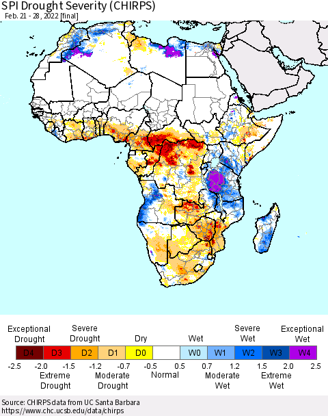 Africa SPI Drought Severity (CHIRPS) Thematic Map For 2/21/2022 - 2/28/2022