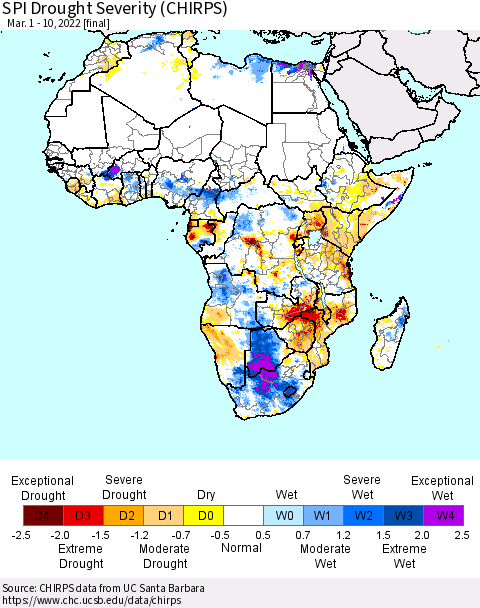 Africa SPI Drought Severity (CHIRPS) Thematic Map For 3/1/2022 - 3/10/2022