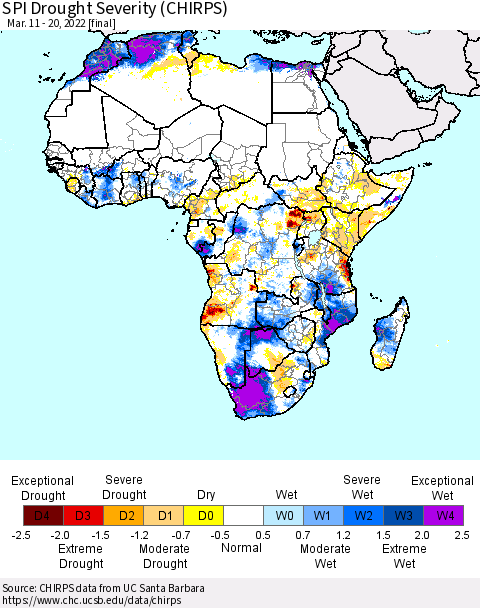 Africa SPI Drought Severity (CHIRPS) Thematic Map For 3/11/2022 - 3/20/2022
