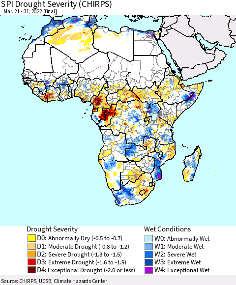Africa SPI Drought Severity (CHIRPS) Thematic Map For 3/21/2022 - 3/31/2022