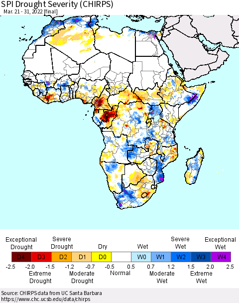 Africa SPI Drought Severity (CHIRPS) Thematic Map For 3/21/2022 - 3/31/2022