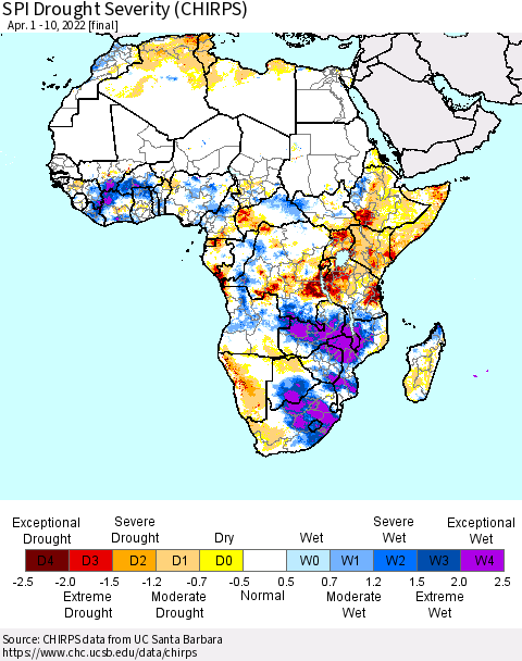 Africa SPI Drought Severity (CHIRPS) Thematic Map For 4/1/2022 - 4/10/2022