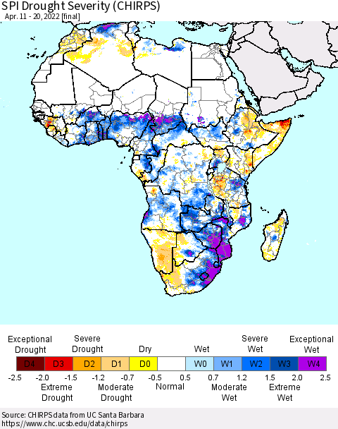 Africa SPI Drought Severity (CHIRPS) Thematic Map For 4/11/2022 - 4/20/2022