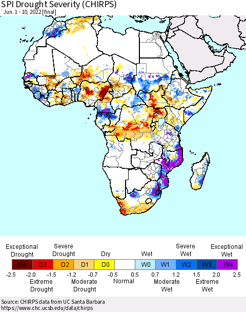 Africa SPI Drought Severity (CHIRPS) Thematic Map For 6/1/2022 - 6/10/2022