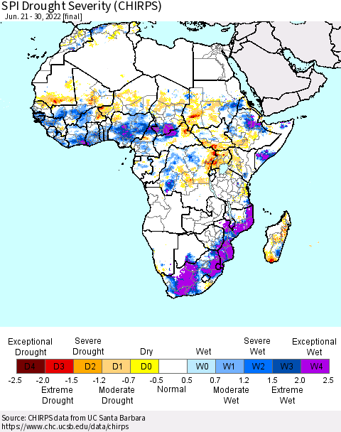 Africa SPI Drought Severity (CHIRPS) Thematic Map For 6/21/2022 - 6/30/2022