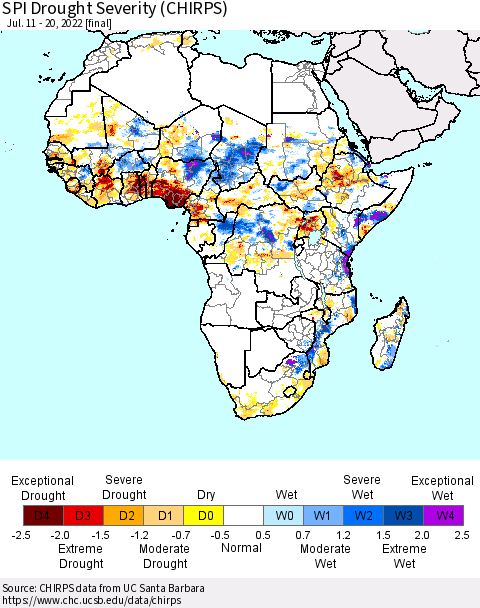 Africa SPI Drought Severity (CHIRPS) Thematic Map For 7/11/2022 - 7/20/2022