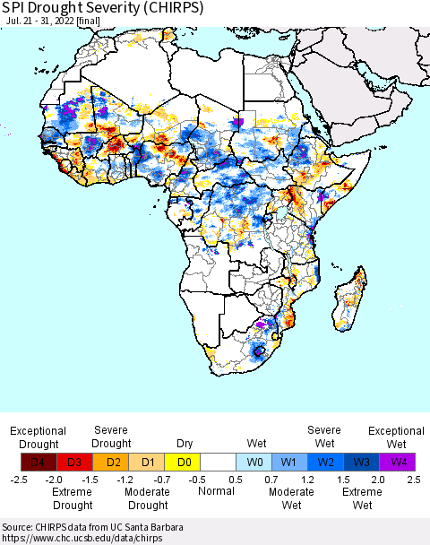 Africa SPI Drought Severity (CHIRPS) Thematic Map For 7/21/2022 - 7/31/2022