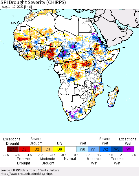 Africa SPI Drought Severity (CHIRPS) Thematic Map For 8/1/2022 - 8/10/2022