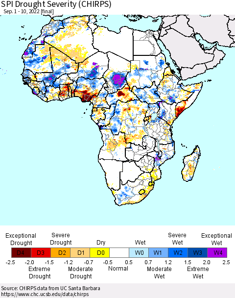 Africa SPI Drought Severity (CHIRPS) Thematic Map For 9/1/2022 - 9/10/2022