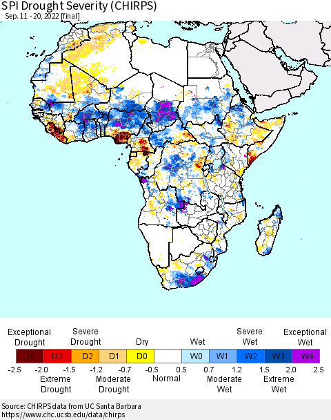 Africa SPI Drought Severity (CHIRPS) Thematic Map For 9/11/2022 - 9/20/2022