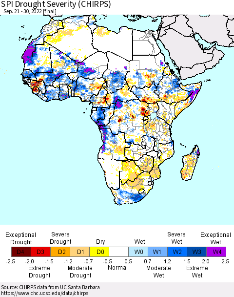 Africa SPI Drought Severity (CHIRPS) Thematic Map For 9/21/2022 - 9/30/2022