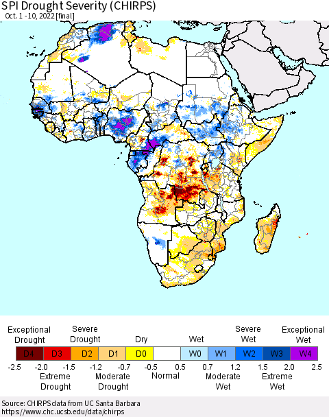 Africa SPI Drought Severity (CHIRPS) Thematic Map For 10/1/2022 - 10/10/2022