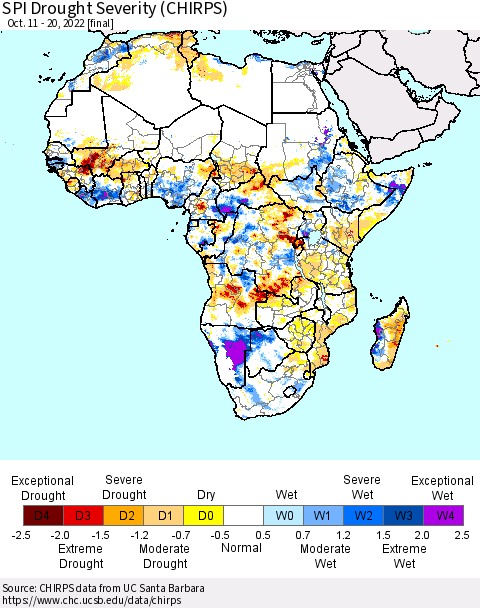 Africa SPI Drought Severity (CHIRPS) Thematic Map For 10/11/2022 - 10/20/2022