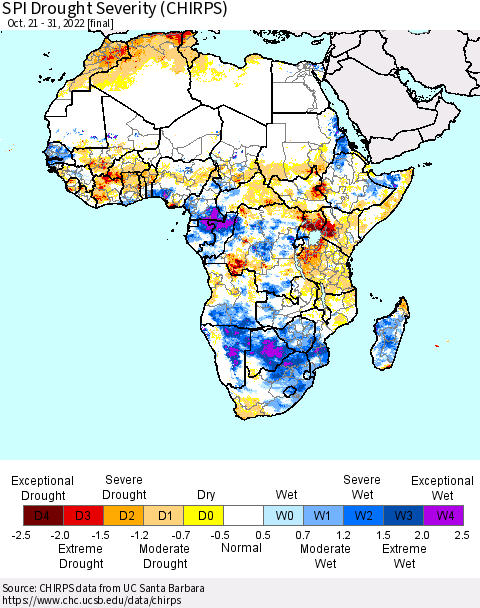 Africa SPI Drought Severity (CHIRPS) Thematic Map For 10/21/2022 - 10/31/2022