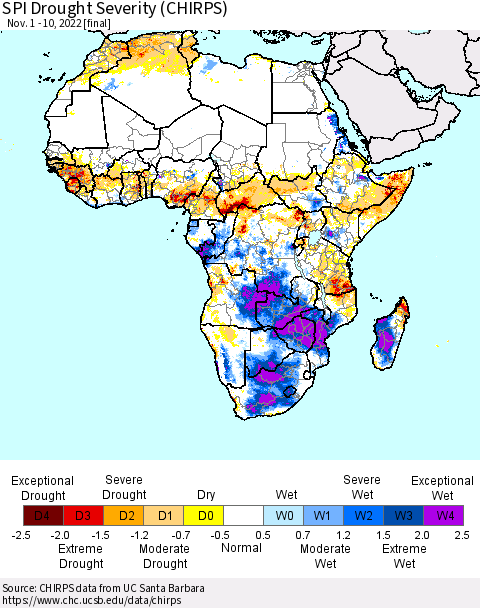 Africa SPI Drought Severity (CHIRPS) Thematic Map For 11/1/2022 - 11/10/2022