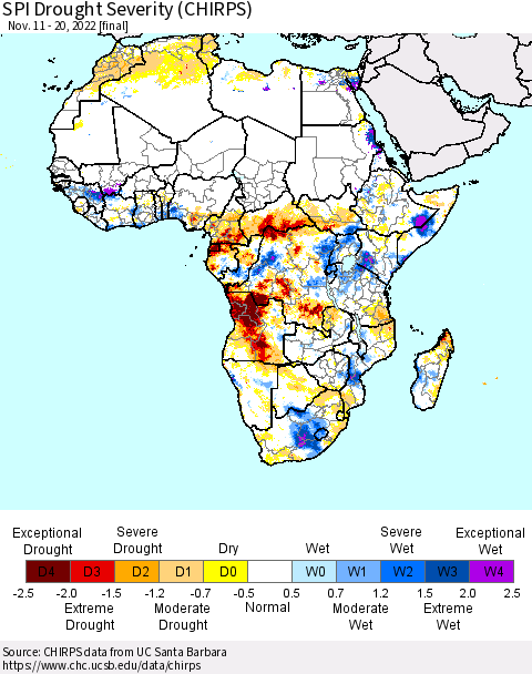 Africa SPI Drought Severity (CHIRPS) Thematic Map For 11/11/2022 - 11/20/2022