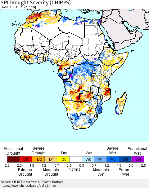 Africa SPI Drought Severity (CHIRPS) Thematic Map For 11/21/2022 - 11/30/2022