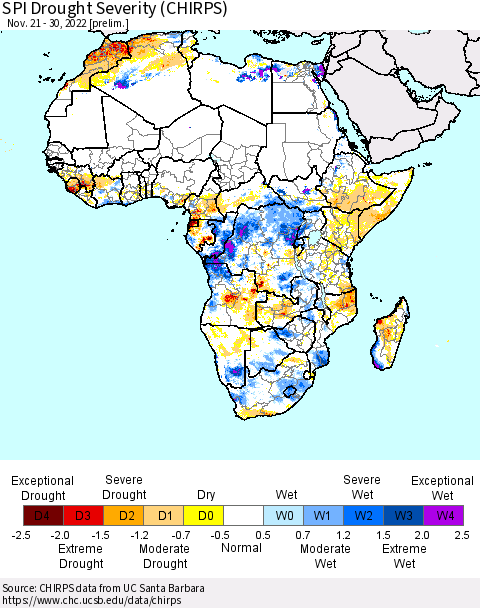 Africa SPI Drought Severity (CHIRPS) Thematic Map For 11/21/2022 - 11/30/2022