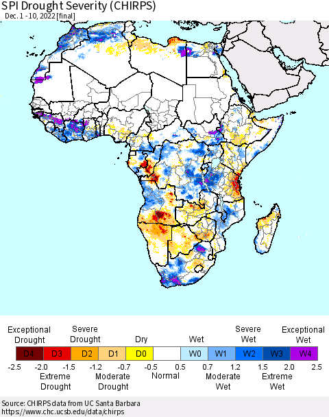 Africa SPI Drought Severity (CHIRPS) Thematic Map For 12/1/2022 - 12/10/2022