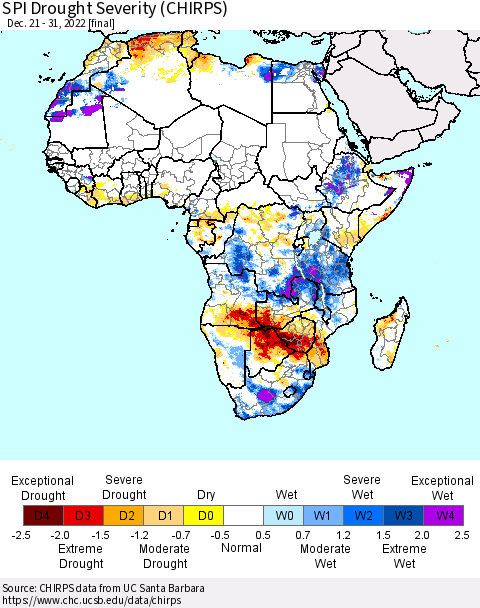 Africa SPI Drought Severity (CHIRPS) Thematic Map For 12/21/2022 - 12/31/2022