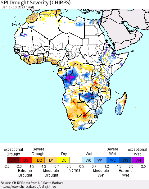 Africa SPI Drought Severity (CHIRPS) Thematic Map For 1/1/2023 - 1/10/2023