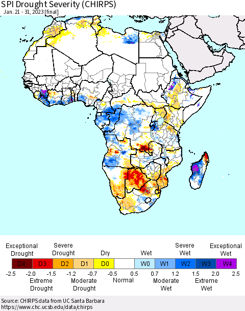 Africa SPI Drought Severity (CHIRPS) Thematic Map For 1/21/2023 - 1/31/2023