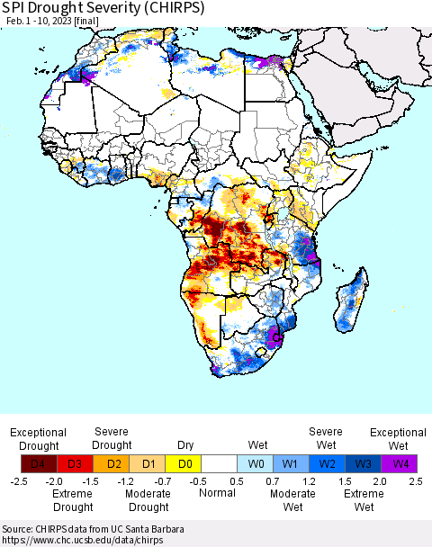 Africa SPI Drought Severity (CHIRPS) Thematic Map For 2/1/2023 - 2/10/2023