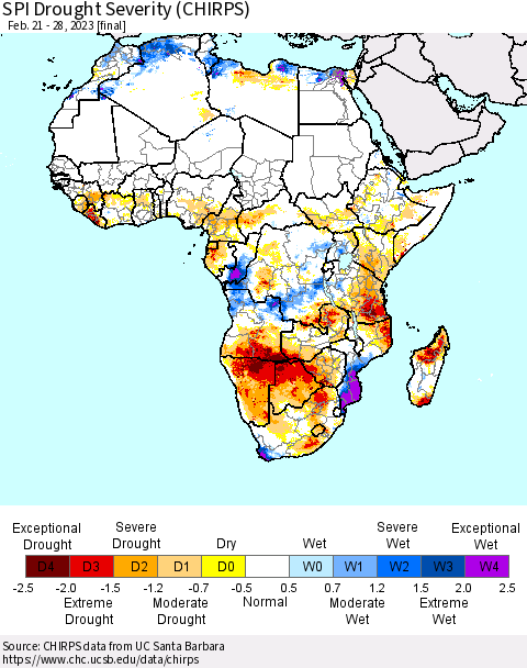 Africa SPI Drought Severity (CHIRPS) Thematic Map For 2/21/2023 - 2/28/2023