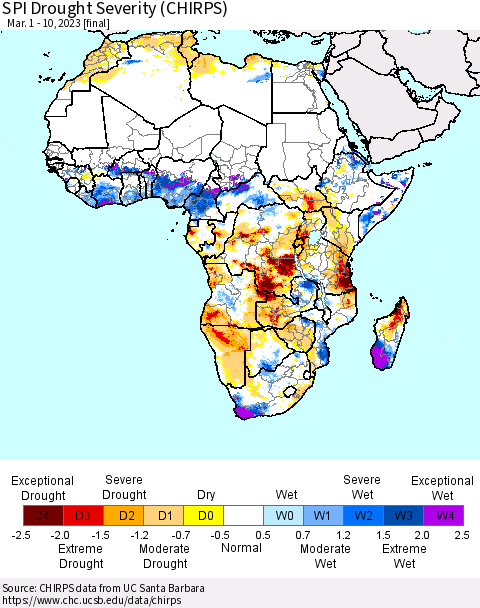 Africa SPI Drought Severity (CHIRPS) Thematic Map For 3/1/2023 - 3/10/2023