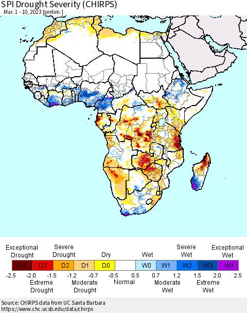 Africa SPI Drought Severity (CHIRPS) Thematic Map For 3/1/2023 - 3/10/2023