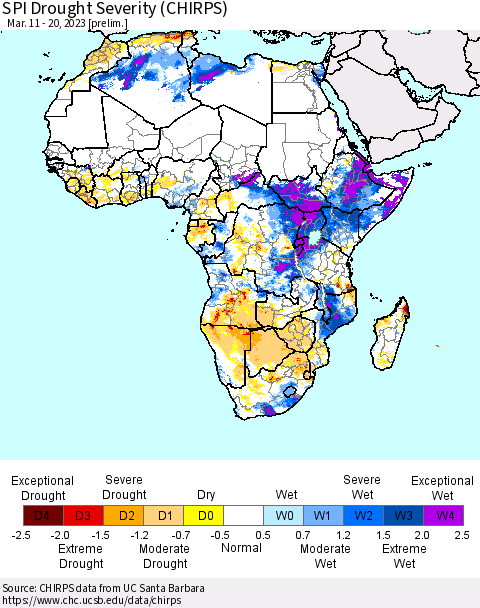 Africa SPI Drought Severity (CHIRPS) Thematic Map For 3/11/2023 - 3/20/2023