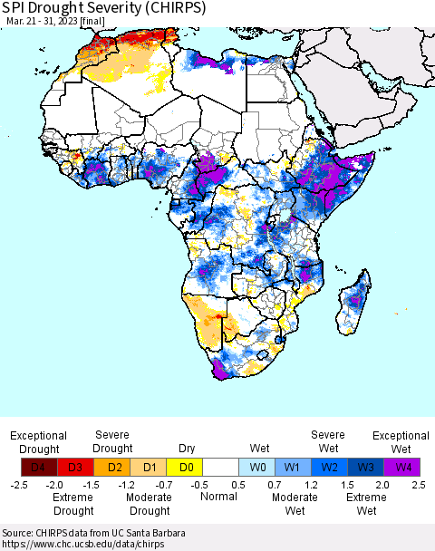 Africa SPI Drought Severity (CHIRPS) Thematic Map For 3/21/2023 - 3/31/2023
