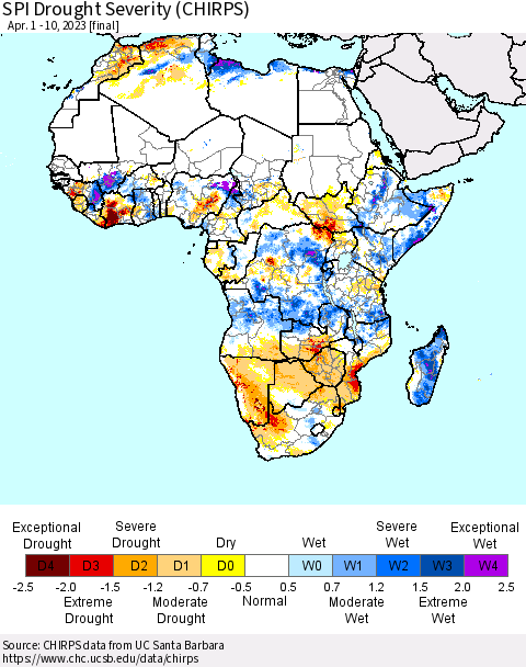 Africa SPI Drought Severity (CHIRPS) Thematic Map For 4/1/2023 - 4/10/2023
