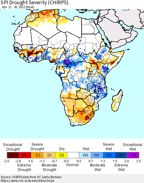 Africa SPI Drought Severity (CHIRPS) Thematic Map For 4/11/2023 - 4/20/2023