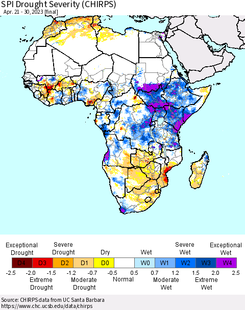 Africa SPI Drought Severity (CHIRPS) Thematic Map For 4/21/2023 - 4/30/2023